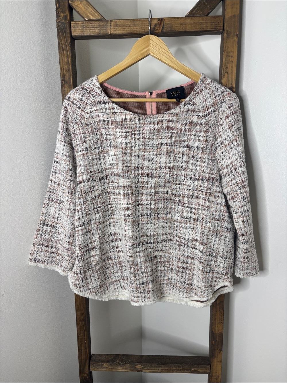 W5 Pink and Cream Tweed Round Neck Top Size XL